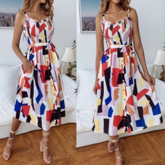 BellanBlue Dresses & Skirts - Multicolor Geo print Smocked pocket belted cami Midi Dress